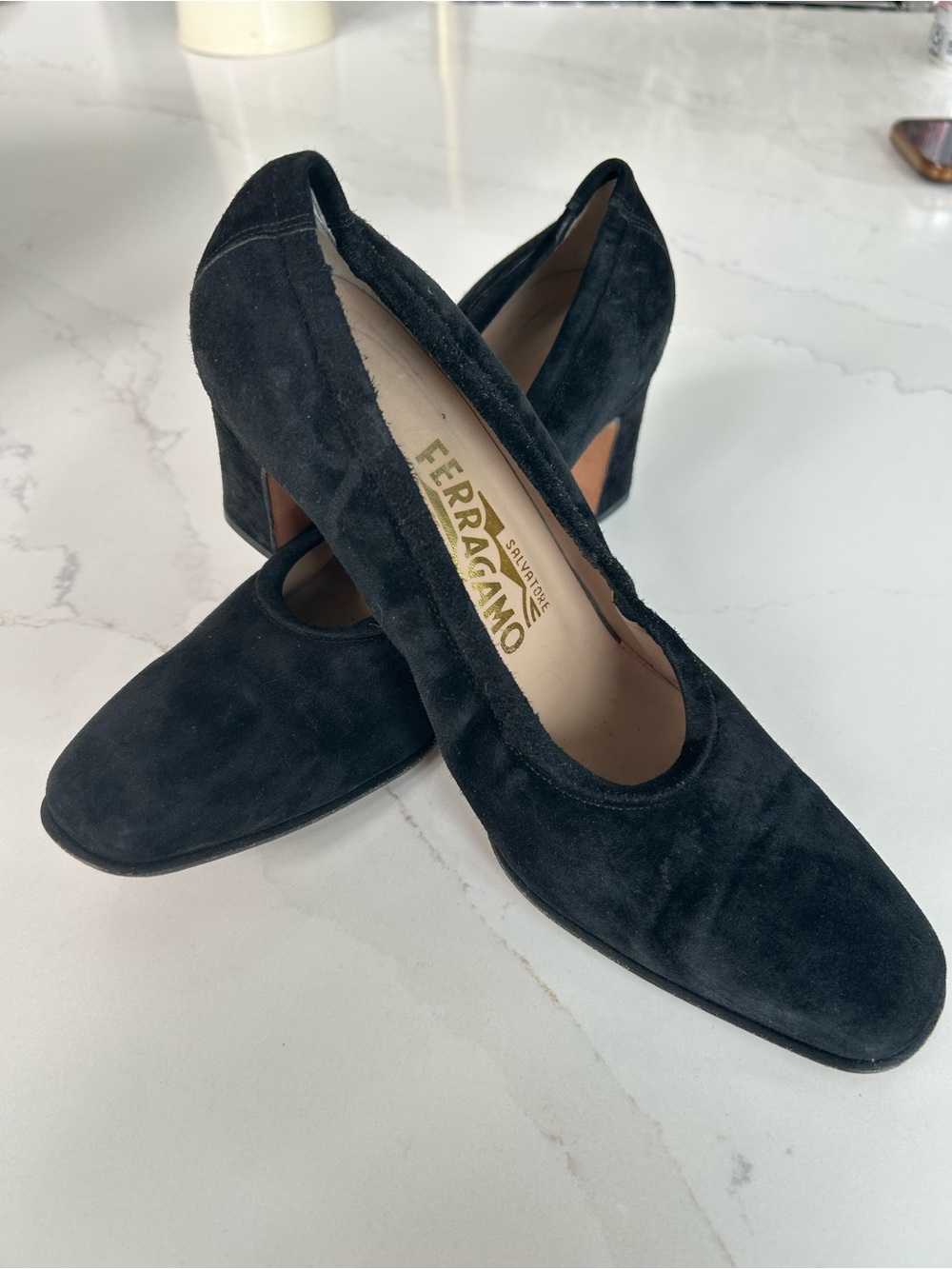 Salvatore Ferragamo Black Suede Round-Toe Block Heels